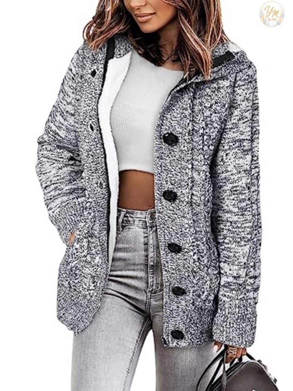 Women's Hooded Fleece Lined Cardigan Sweater with Pockets